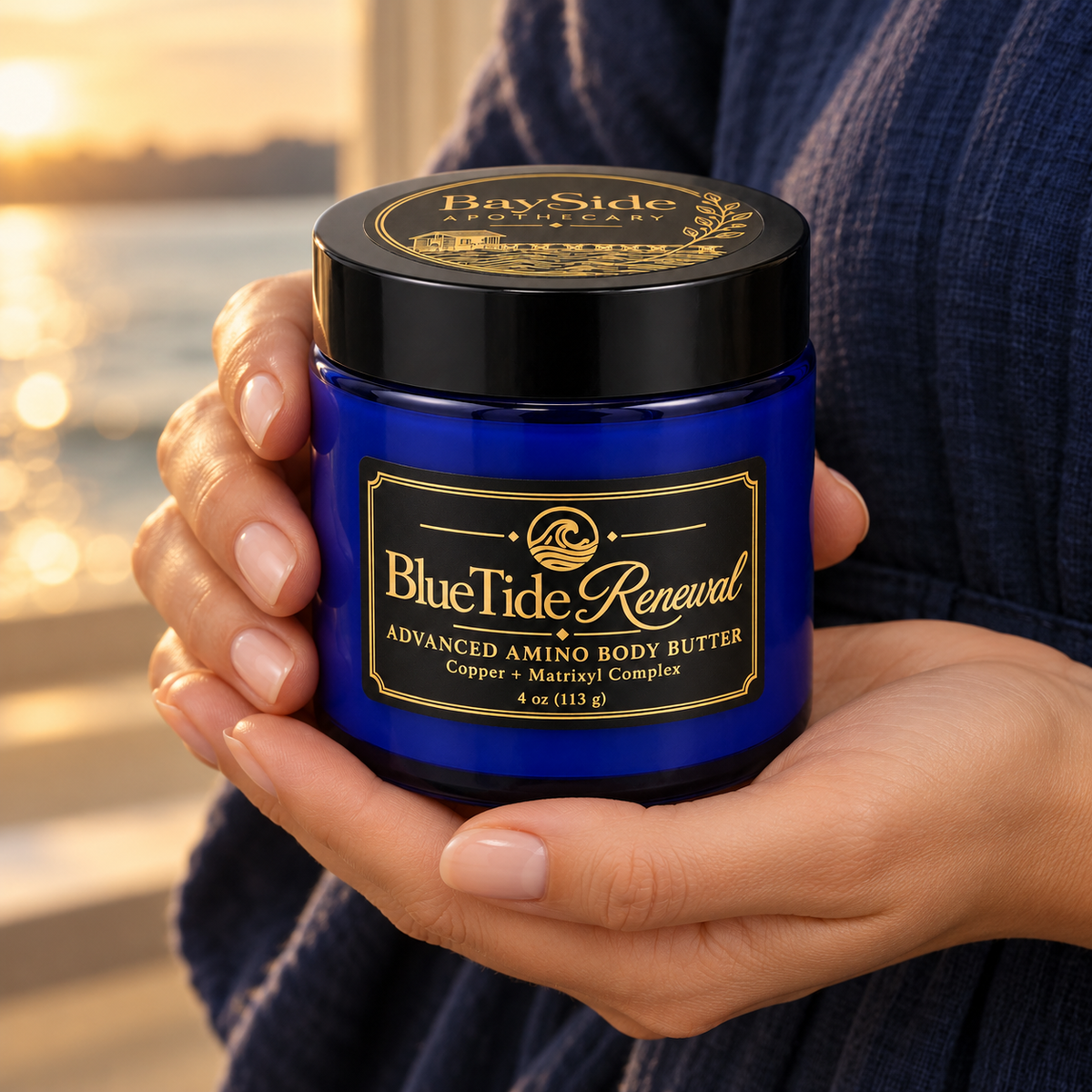 Hands holding the closed BlueTide Renewal body butter jar in warm coastal light.