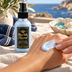 Pale blue BlueTide Renewal lotion being smoothed onto the back of a hand beside its bottle.