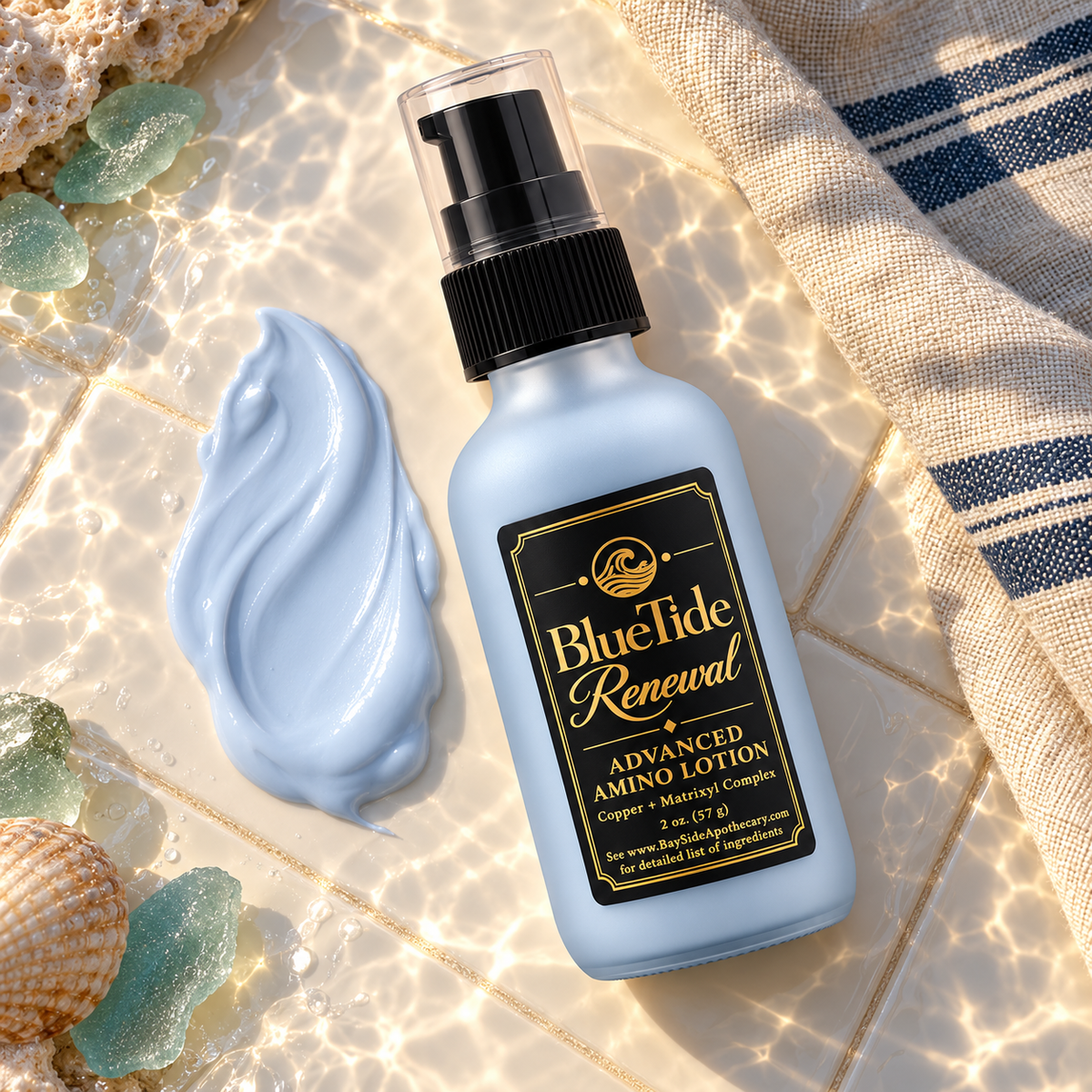 BlueTide Renewal lotion bottle beside a smooth pale blue lotion swatch on ivory ceramic.