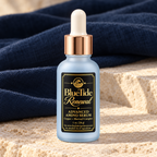 Close-up of BlueTide Renewal serum packaging with its rose-gold collar and white dropper.