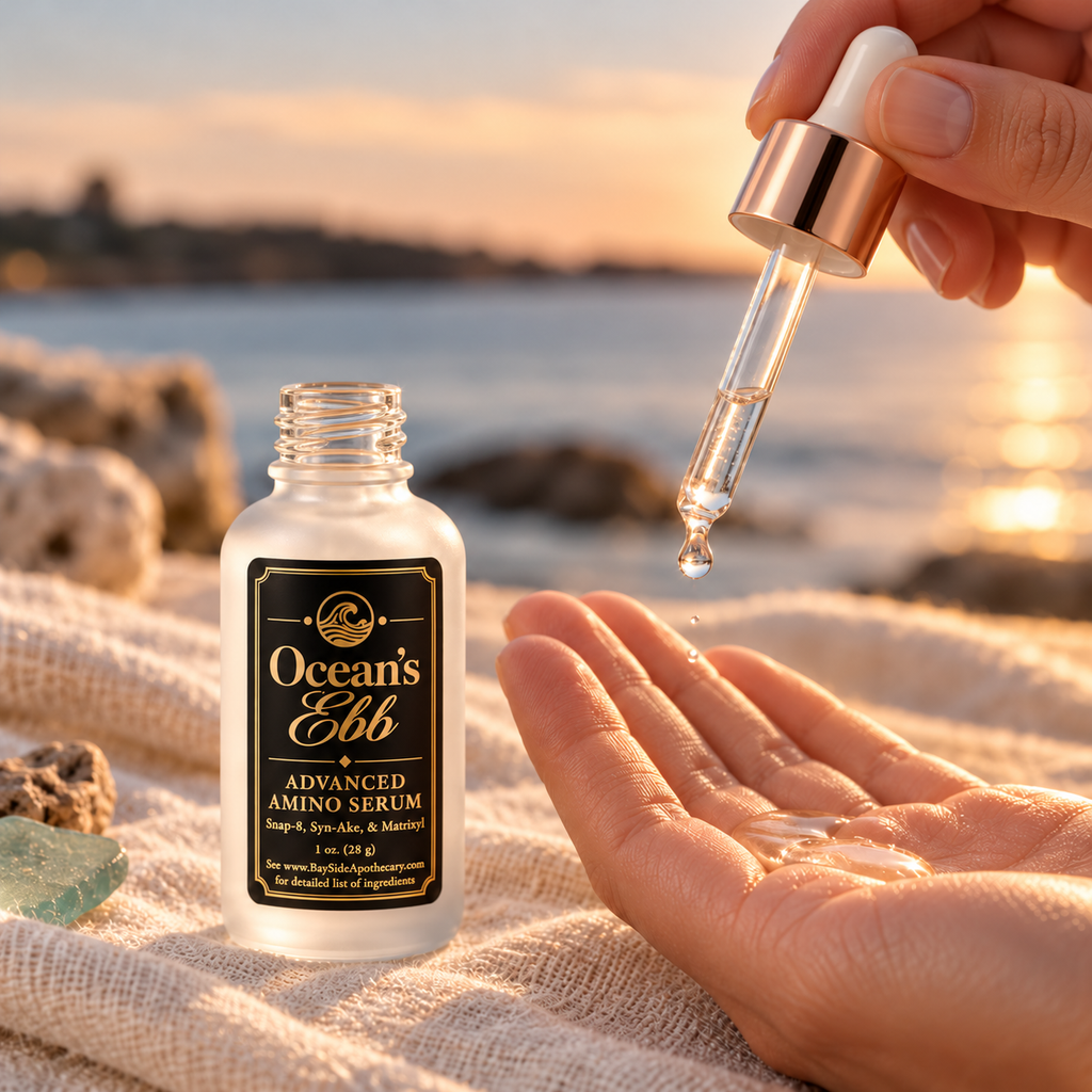 Clear Ocean's Ebb serum dispensed from a dropper into a hand beside the open bottle.