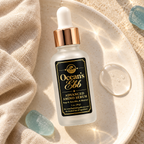Ocean's Ebb serum bottle beside a nearly colorless serum swatch on ivory ceramic.
