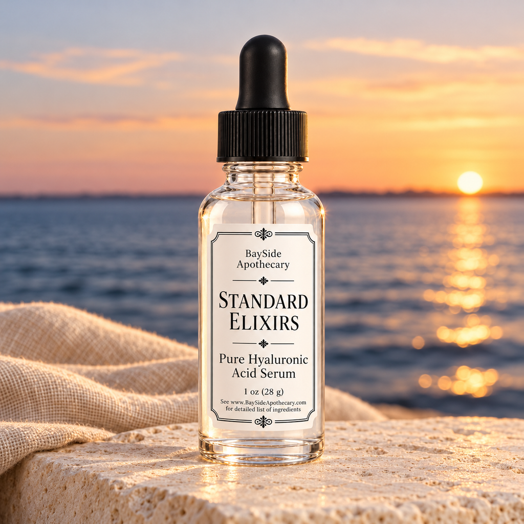 Standard Elixirs hyaluronic acid serum in its clear dropper bottle beside the bay at sunset.