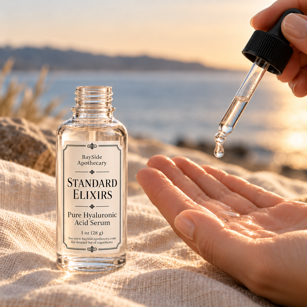 Clear Standard Elixirs serum dispensed from a dropper into a hand beside the open bottle.