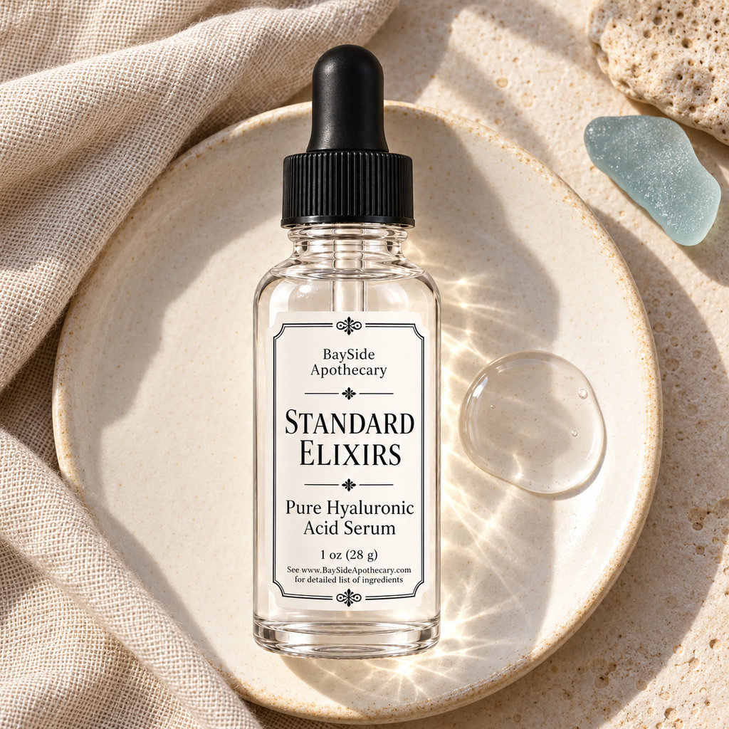 Standard Elixirs serum bottle beside a clear serum swatch on ivory ceramic.